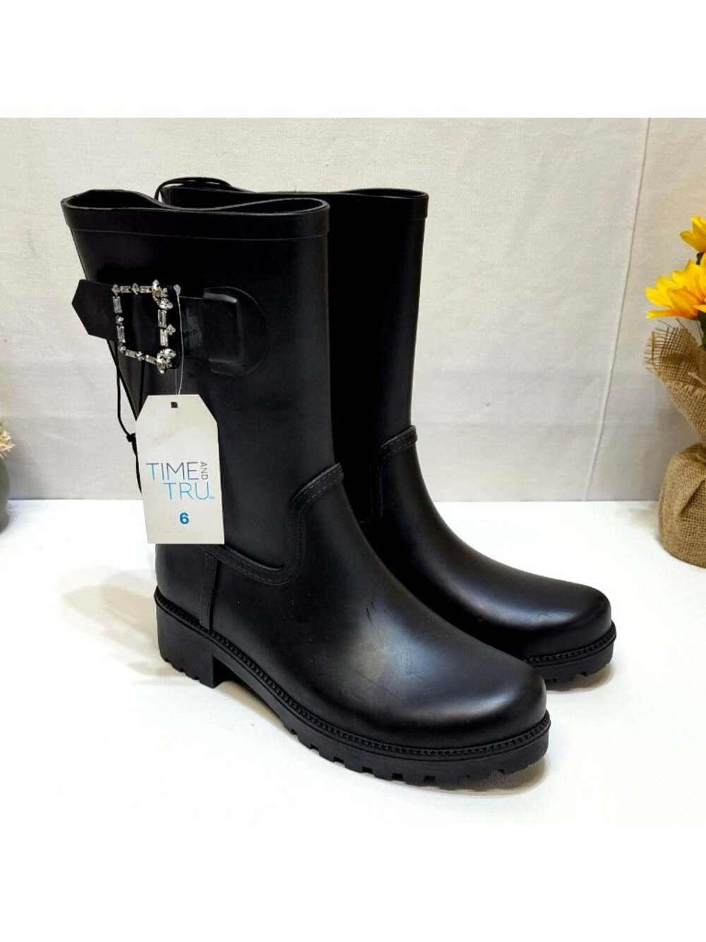 Time and Tru Mid-Calf Rain Boots Water-Resistant Decorative Buckle Women Size 6